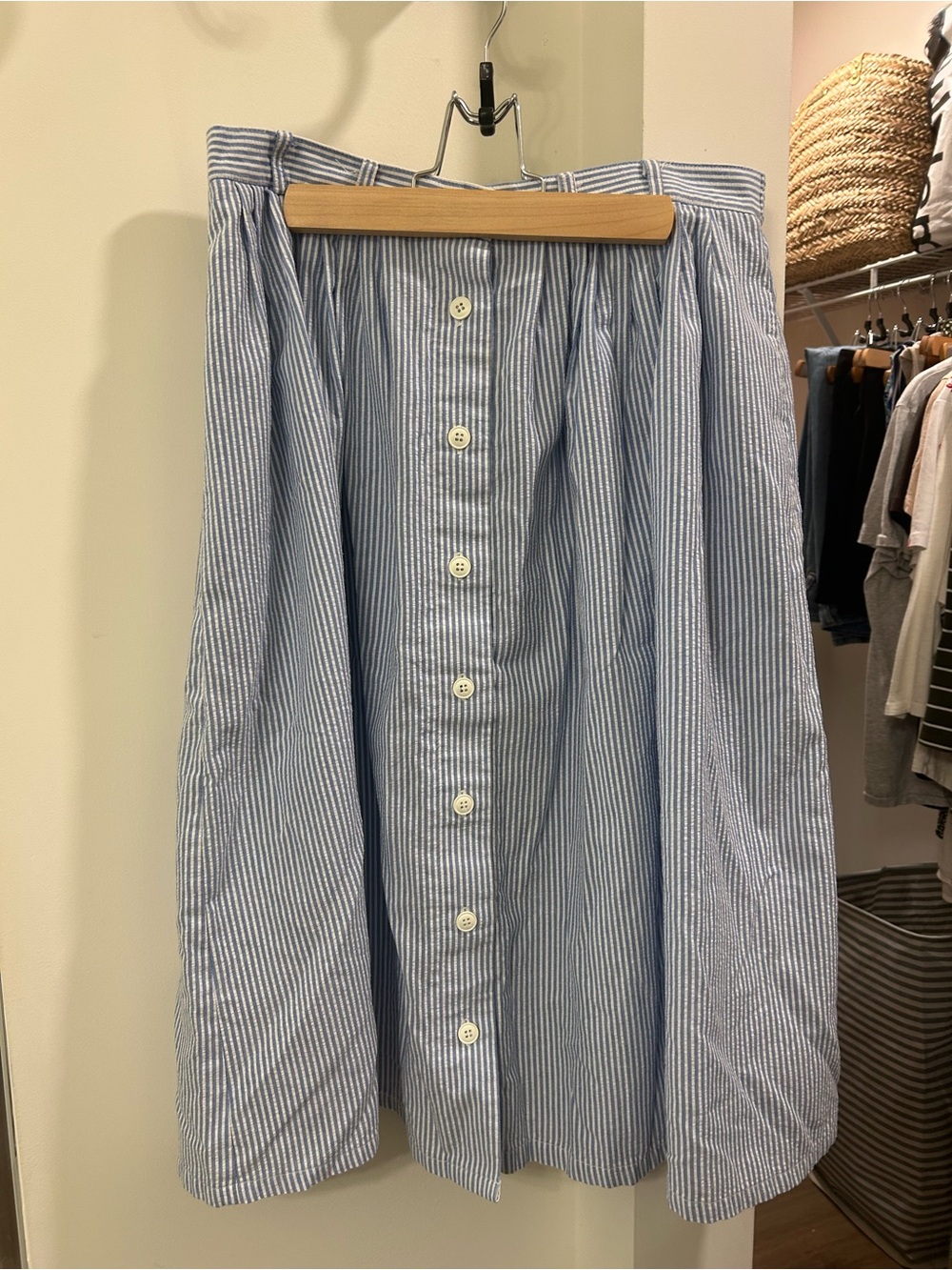 100% Cotton Blue and White Striped Button-Front Women’s Skirt
